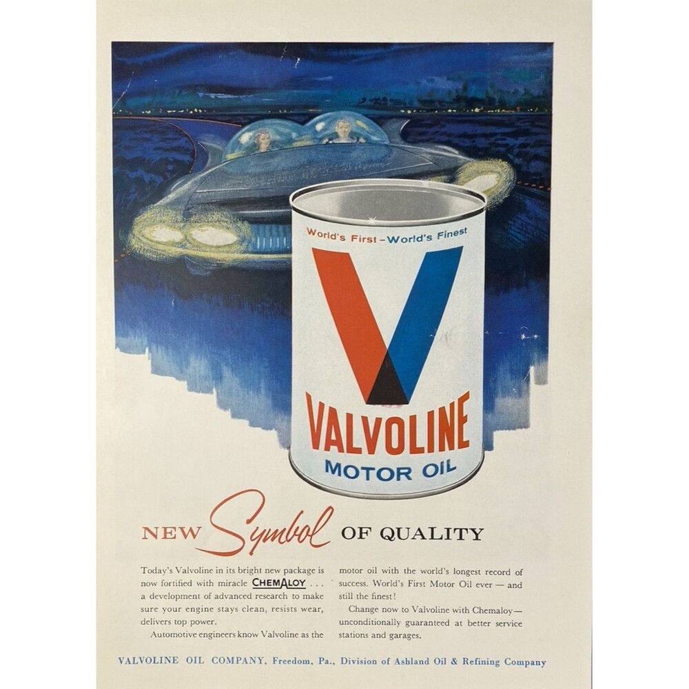 Valvoline Motor Oil "New Symbol of Quality-Futuristic Car" Vintage Print Ad 1960